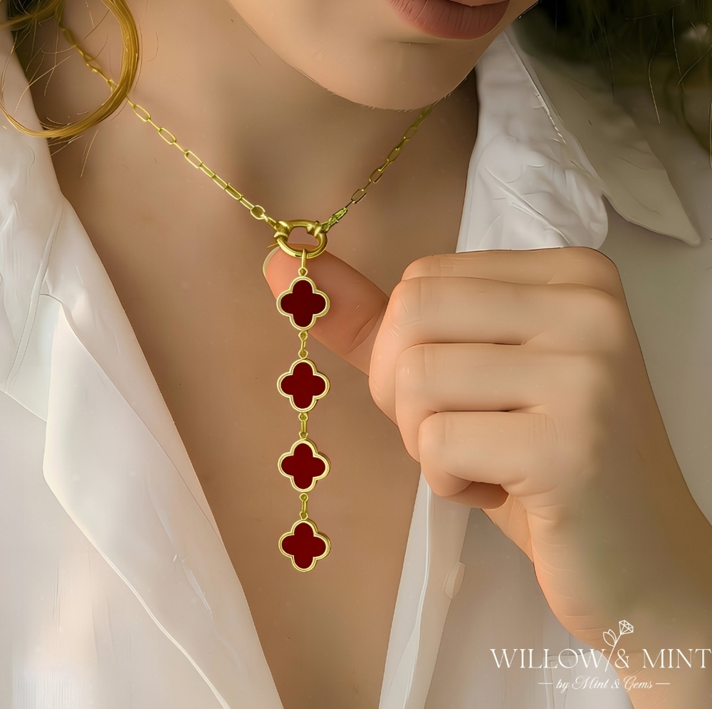 18K Gold Four Leaf Clover Necklace, Mother Of Pearl, Valentines Day Gift